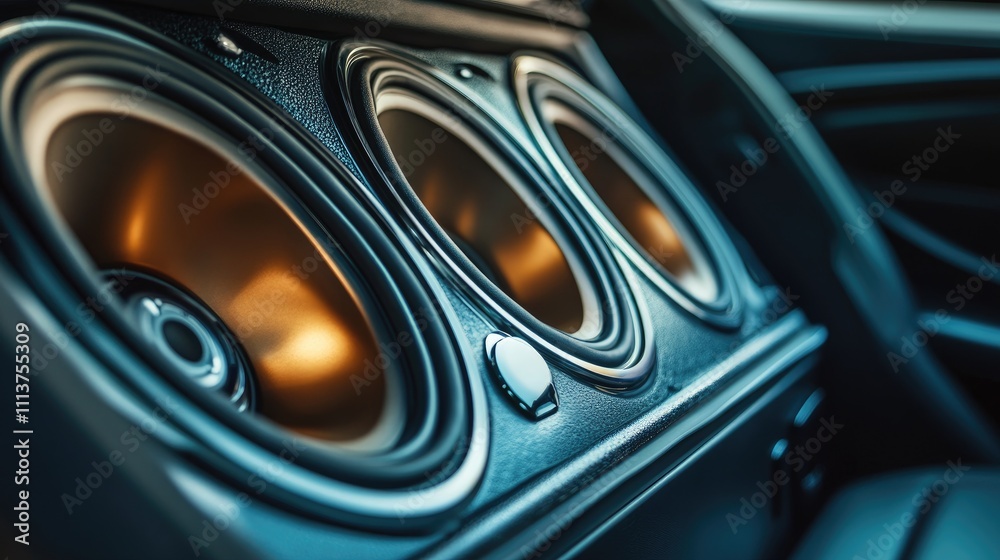 A close-up of a high-performance subwoofer in a car trunk, emphasizing its robust design and the potential for deep, powerful bass A close-up of a high-performance subwoofer in a car trunk, emphasizing its robust design and the potential for deep, powerful bass
