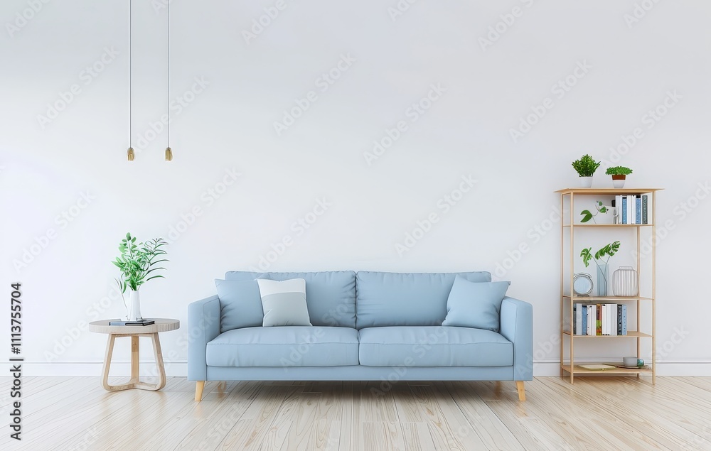 Fototapeta premium Minimalist living room interior with a light blue sofa. wooden coffee table. bookshelf. and plants against a white wall