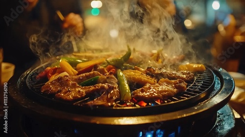 A close-up of a traditional mookata grill sizzling with a variety of meats and vegetables, with drops of condensation and smoke adding to the appetizing atmosphere