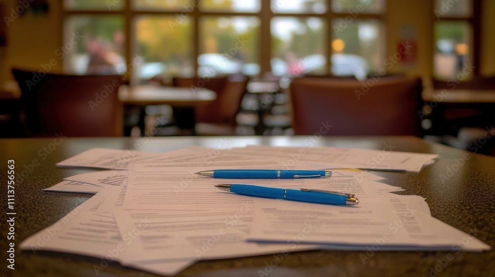 Paperwork and Stationery on a Table in a Cafe