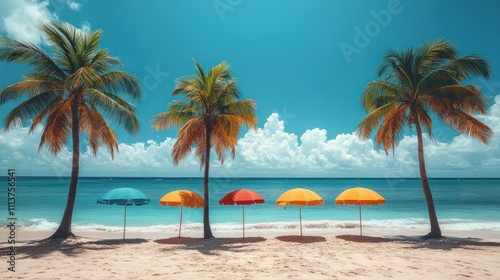 Colorful umbrellas on a tropical beach with palm trees under a sunny sky.