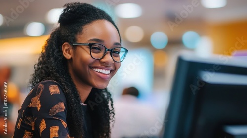 Happy young woman smiling at the camera while working on a computer in a modern office.