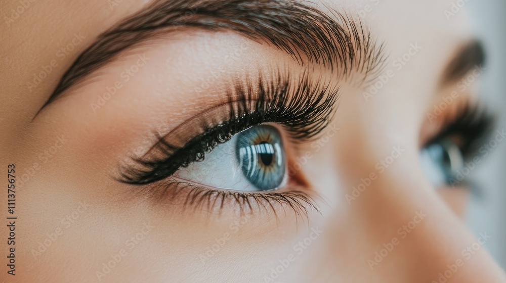 Obraz premium A close-up of a woman's eyes with a focus on natural beauty, highlighting her eyelashes and the subtle emotions conveyed through her gaze