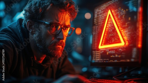 user is using computer with triangle caution warning sign for notification error and maintenance concept hacker attacks and hacking data cyber crime ransomware phishing spyware cybersecurit photo