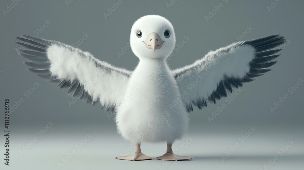 Fototapeta premium A cute cartoon bird with big eyes stands with its wings outstretched.