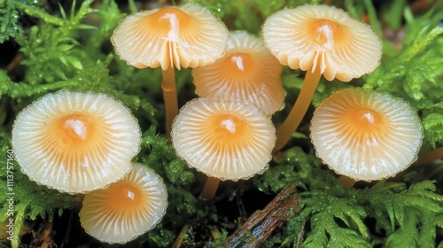 A close-up of dew-covered mushrooms nestled among lush green grass, glistening in the morning sunlight, showcasing the delicate beauty of nature
