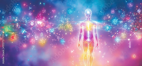 MindBody Wellness Focus for World Health Day A conceptual pastel composition showing a mind and body outline glowing with interconnected health symbols, representing holistic care
