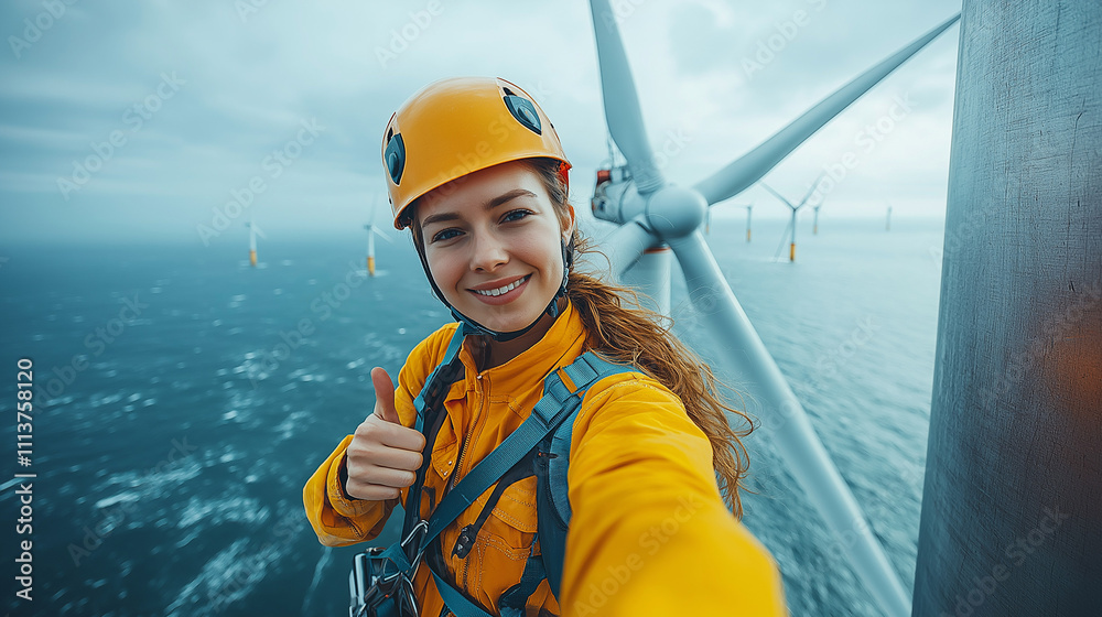 Female technician giving thumbs up at offshore wind farm. Female technician giving thumbs up at offshore wind farm.