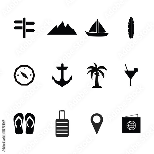 Tourism And Vacation black and white Vector Icon Set
