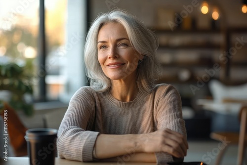 Happy elderly woman with silver hair using mobile phone at modern indoor home office enjoying work and digital communication photo