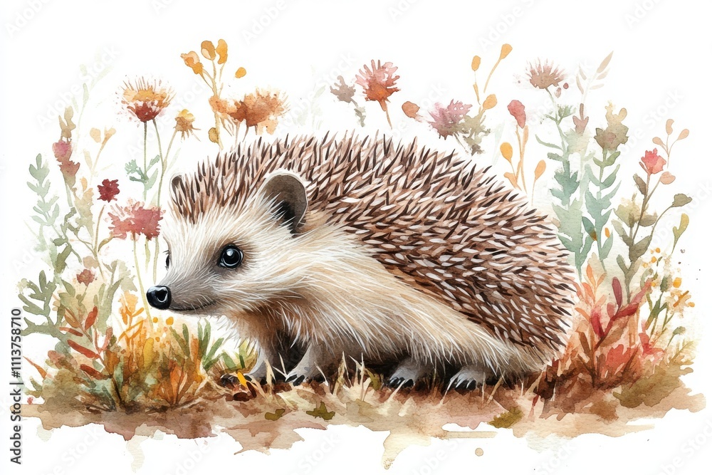 A detailed illustration of a hedgehog surrounded by colorful flowers and greenery. A detailed illustration of a hedgehog surrounded by colorful flowers and greenery.