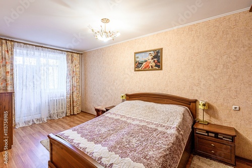 interior room apartment bedroom with bed, cozy place to sleep and relax