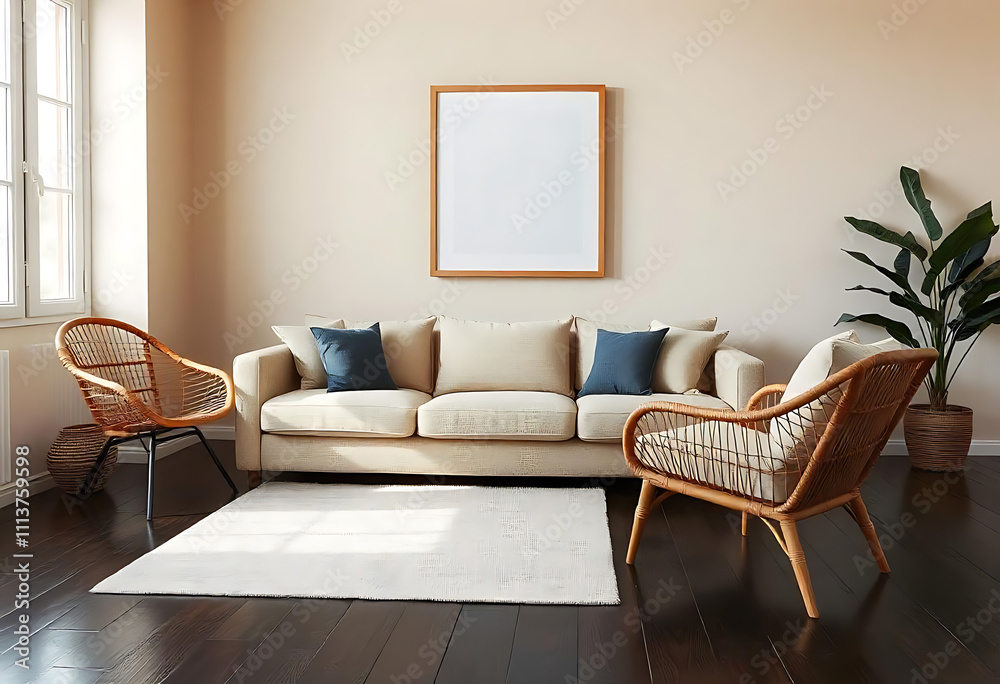 Minimalist, japandi style interior design of modern living room. Boucle sofa and accent armchair against beige wall with frame Minimalist, japandi style interior design of modern living room. Boucle sofa and accent armchair against beige wall with frame