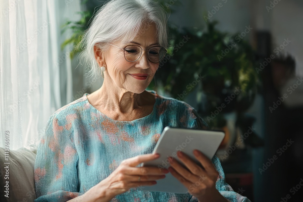 Elderly Woman Using Tablet at Home Seated on Sofa with Natural Light for Communication and Online Shopping Elderly Woman Using Tablet at Home Seated on Sofa with Natural Light for Communication and Online Shopping