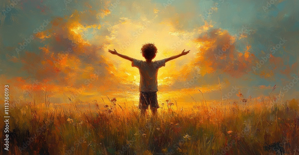 Thankful Girl Praising the Lord at Sunrise in Serene Landscape Thankful Girl Praising the Lord at Sunrise in Serene Landscape