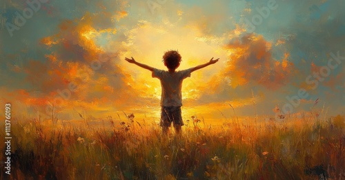 Thankful Girl Praising the Lord at Sunrise in Serene Landscape