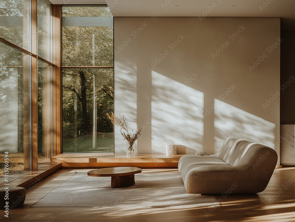 Fototapeta premium Minimalistyczny salon o czystych liniach, neutralnych barwach i prostym wystroju. Światło słoneczne wpadające przez duże okna zapewnia spokój i ciszę.