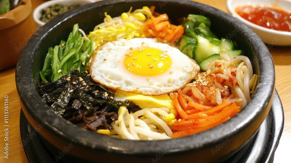 A colorful bowl of bibimbap with a perfectly fried egg on top, surrounded by an array of fresh vegetables and spicy gochujang, embodying the balance and harmony in Korean flavors. A colorful bowl of bibimbap with a perfectly fried egg on top, surrounded by an array of fresh vegetables and spicy gochujang, embodying the balance and harmony in Korean flavors.