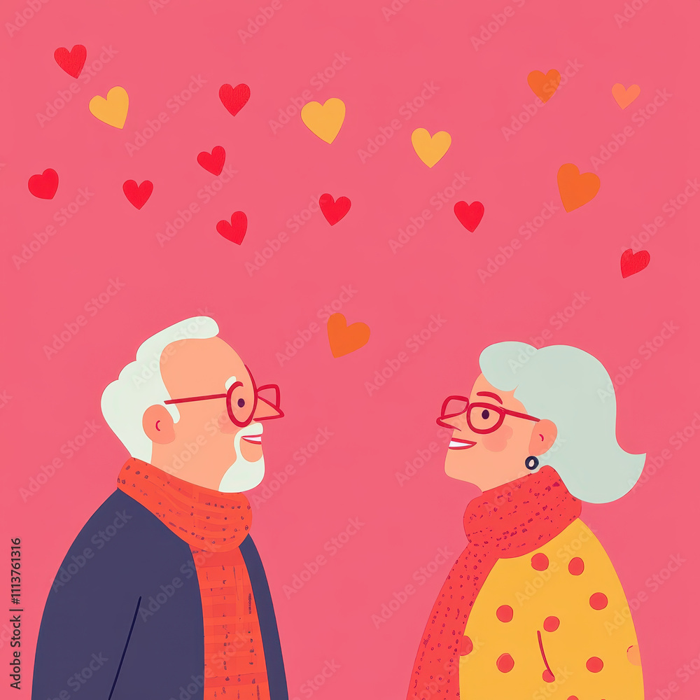 Elderly couple smiling at each other, surrounded by colorful hearts, expressing love and warmth. joyful illustration capturing affection and companionship Elderly couple smiling at each other, surrounded by colorful hearts, expressing love and warmth. joyful illustration capturing affection and companionship