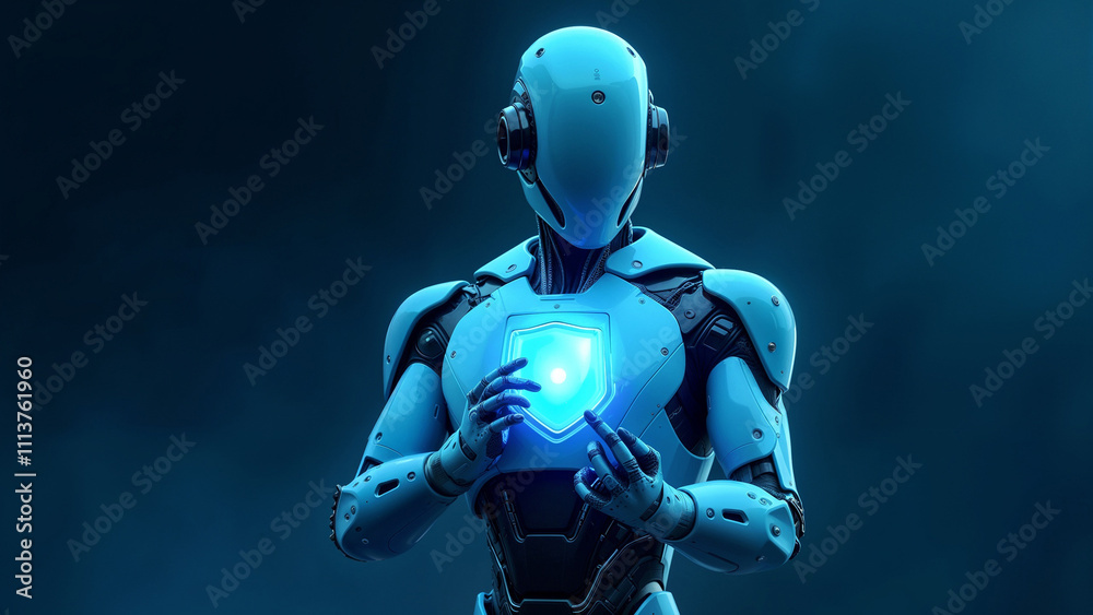 The robot holds a glowing shield symbolizing cybersecurity and protection The robot holds a glowing shield symbolizing cybersecurity and protection