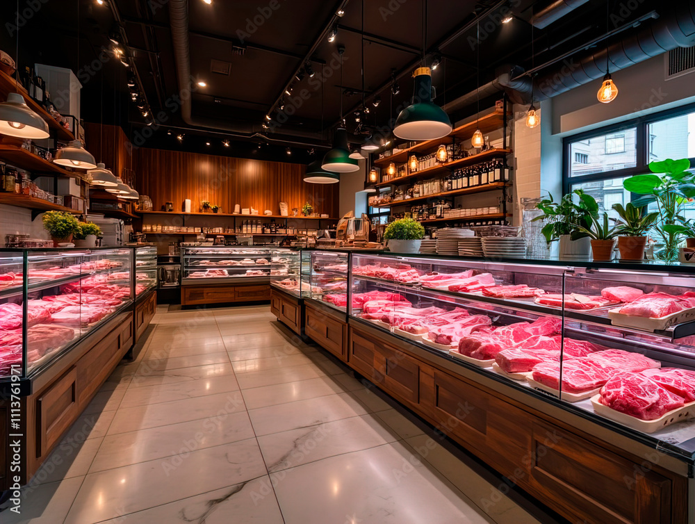 Modern butcher shop interior featuring fresh meat displayed in glass cases, wooden counters, and stylish industrial lighting for a clean, inviting setting Modern butcher shop interior featuring fresh meat displayed in glass cases, wooden counters, and stylish industrial lighting for a clean, inviting setting