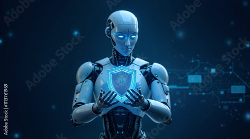 The robot holds a glowing shield symbolizing cybersecurity and protection