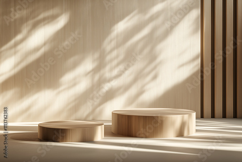 Minimalistic danish style, set of Luxuries podiums for branding and product presentation. Natural color podiums, copyspace, natural lighting with shadows