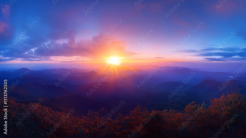 Obraz premium Vibrant sunrise over majestic mountain range, showcasing colorful sky and sun rays.