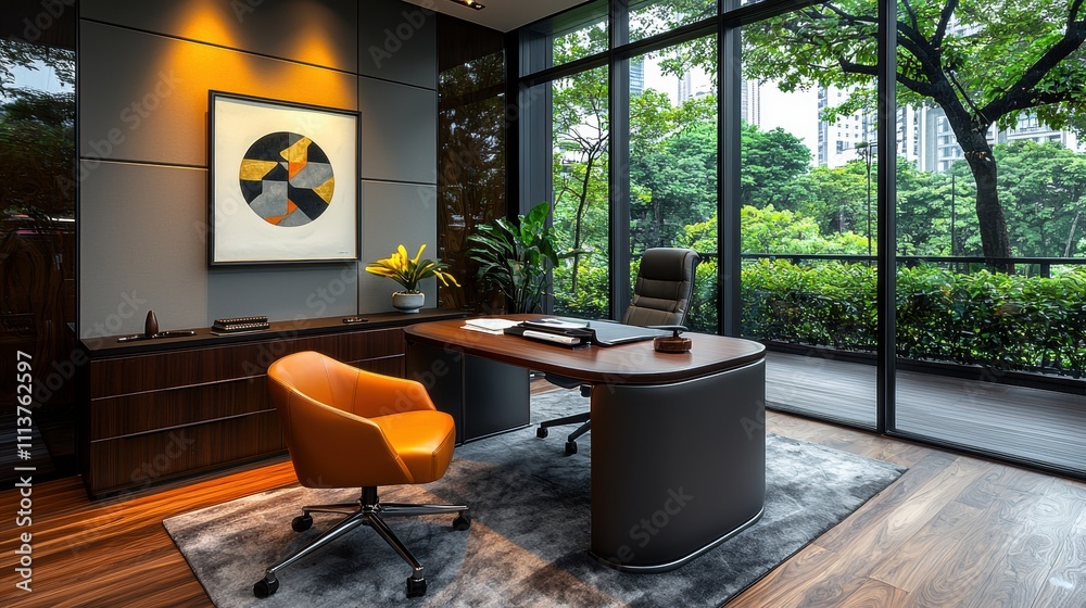Fototapeta premium Modern Office Interior with Stylish Furniture and Large Windows Overlooking Lush Greenery