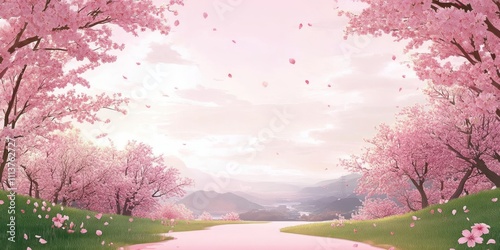 Wallpaper Mural Spring Landscape Cherry Blossom Trees Green Field Blue Sky Peaceful Nature Illustration Torontodigital.ca