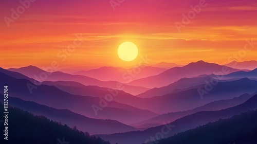 Vibrant sunset over layered mountain ranges, displaying a large, bright sun.