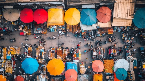 Aerial view of a bustling street market full of colorful umbrellas and vendors.