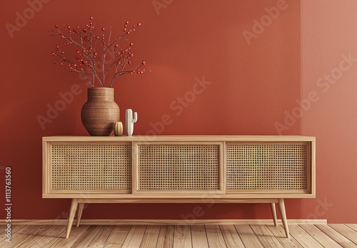 Minimalist wooden sideboard with rattan doors against a terracotta wall with a vase of red berries and a small cactus on top photo