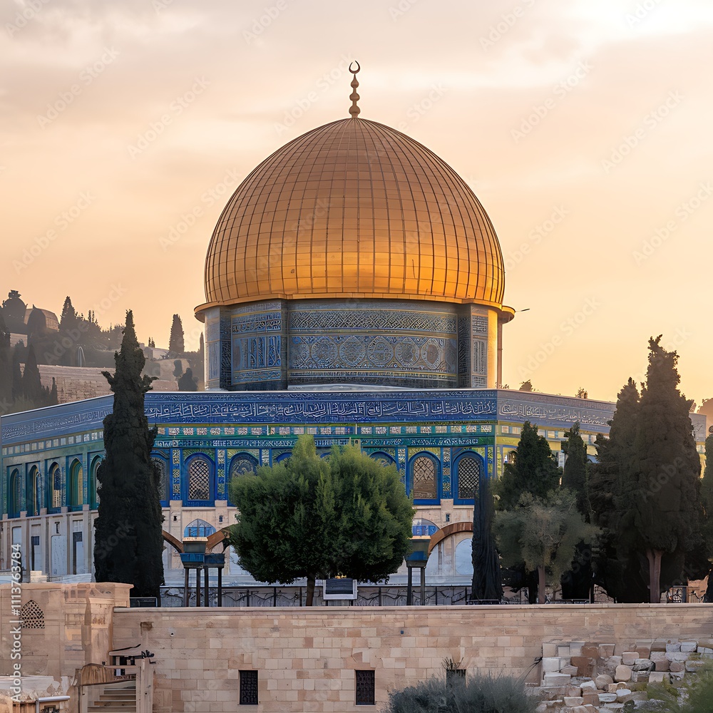 Obraz premium Isra Miraj with masjid al Aqsa illustration background