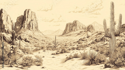 Vintage Desert Landscape Drawing  Saguaro Cactus  Mountains  and Plants
