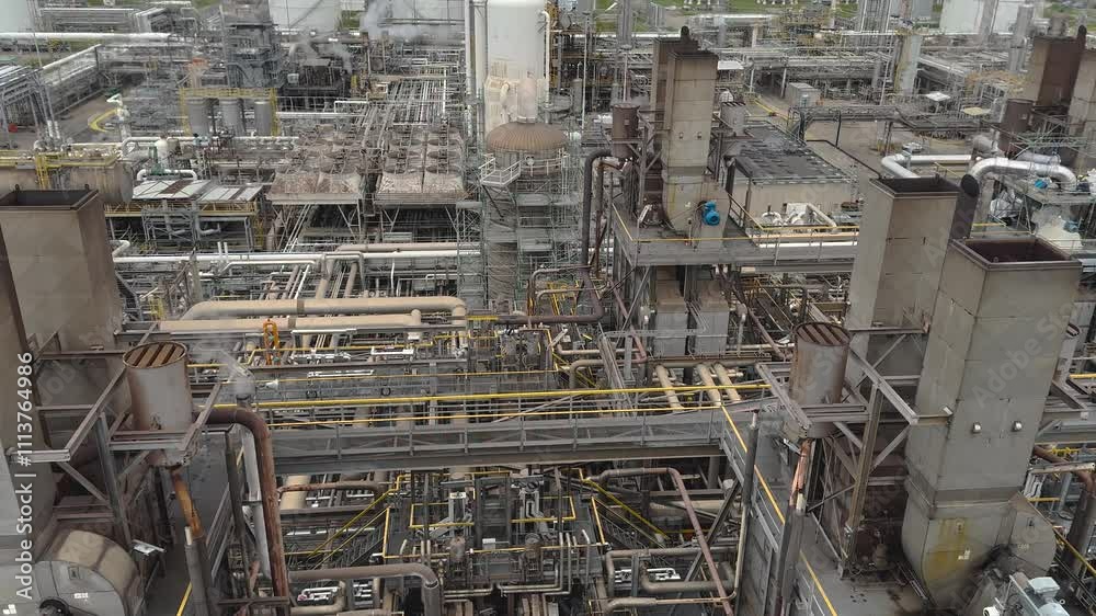 Panorama inside of the interior of a chemical plant or oil refinery. Pipeline structure, heavy equipment in process area. Steel tanks and boilers with cables, pipelines and valves for chemical mixing Panorama inside of the interior of a chemical plant or oil refinery. Pipeline structure, heavy equipment in process area. Steel tanks and boilers with cables, pipelines and valves for chemical mixing
