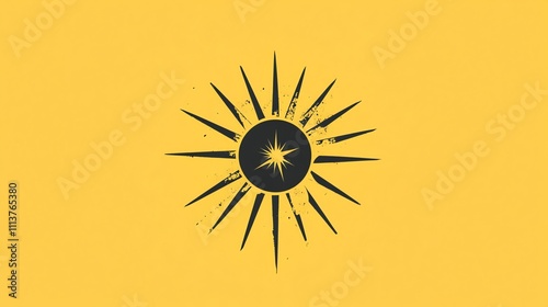 A black sun with a star in the center, surrounded by rays, on a yellow background.