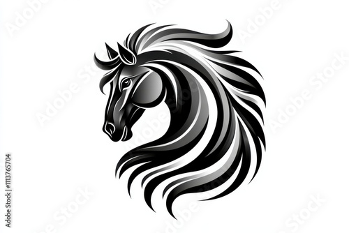 Horse head logo. Hand drawn silhouette in line style. Art design. Black and white illustration. Isolated, on white background. Template for engraving, tattoo.  photo