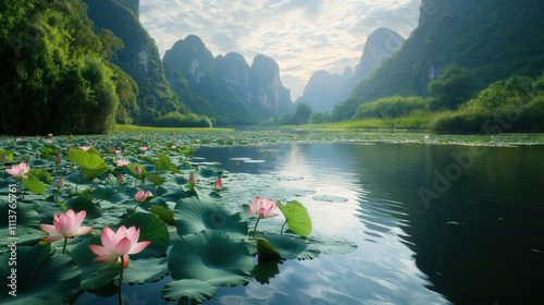 River landscape with lotus flowers and mountains