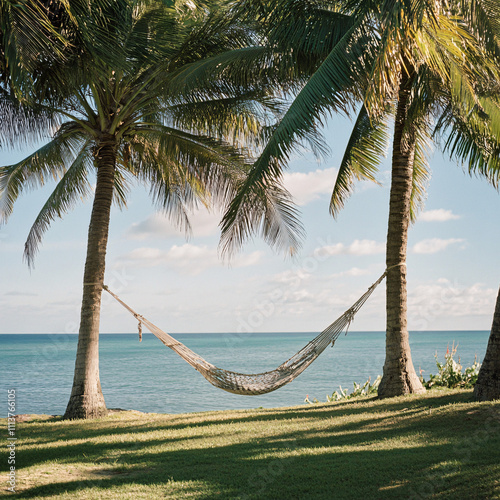 tropical beach hammock relaxation serenity calm palm trees ocean water blue green turquoise landscape tranquility peaceful photo