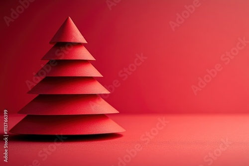 Minimalist red Christmas tree from paper, handmade concept. festive decoration and eco-friendly design. holiday greeting cards
