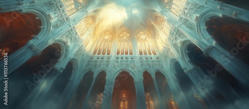 Mystical cathedral interior, ethereal light beams, gothic architecture, low angle view. photo