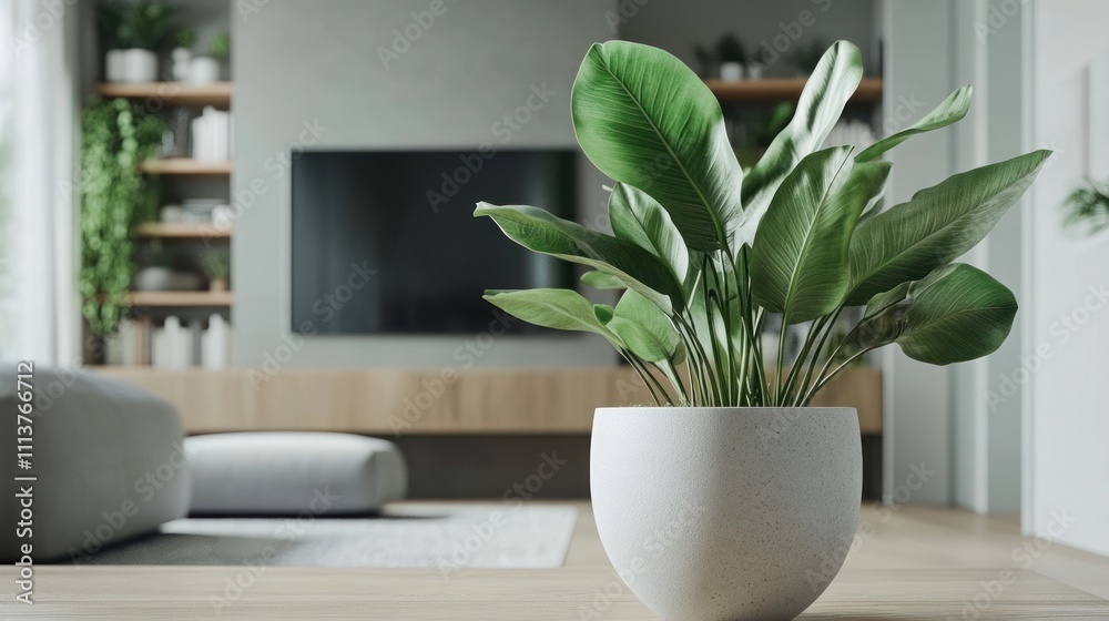 Fototapeta premium Green Plant In White Pot Modern Living Room Decor
