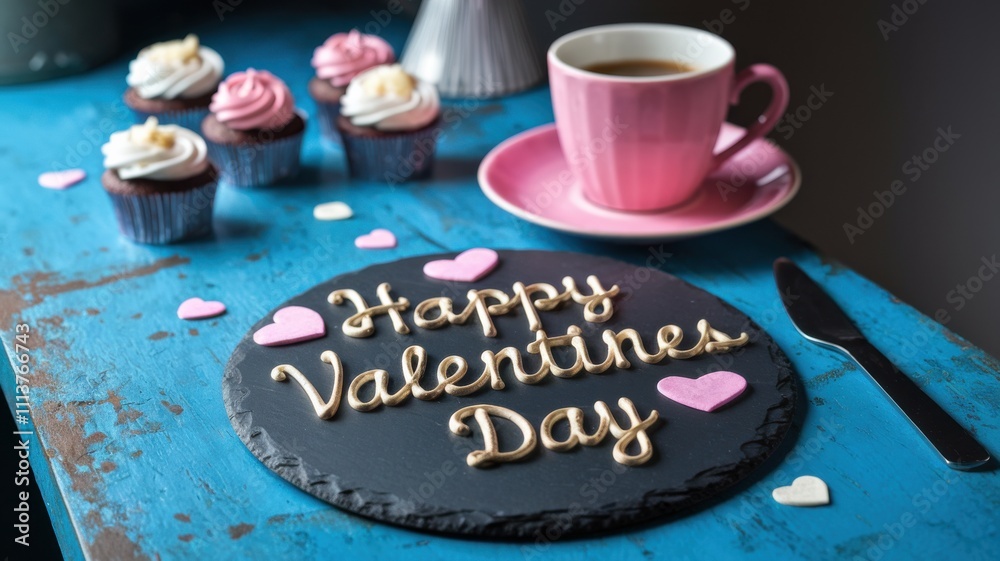 Romantic Valentines Day table setting with cupcakes and decorations Romantic Valentines Day table setting with cupcakes and decorations
