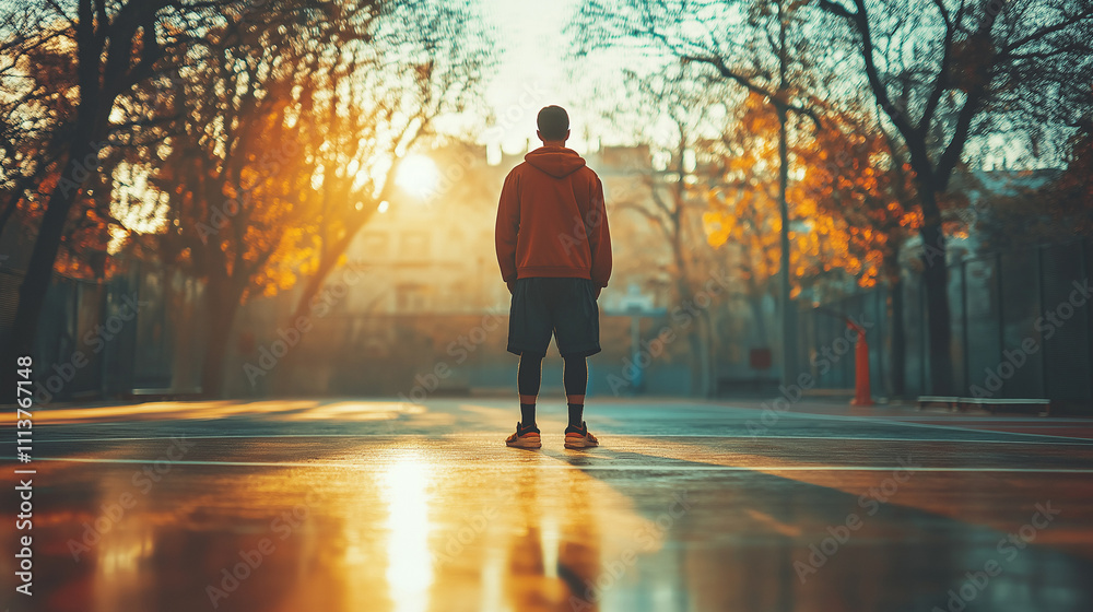 Basketball liegt neben einer Pfütze Spieler Person von Hinten Sonne von vorn Generative AI
