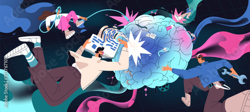 Concept of brain work. Development of artificial intelligence. Pumping of cognitive skills, improve of knowledge, learning. Mind inside human head. Mental processes, memory. Flat vector illustration