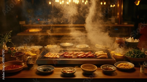 A delightful mookata grill in action, with steam and smoke rising, and a variety of sauces and side dishes arranged artfully on the table, enhancing the dining experience photo