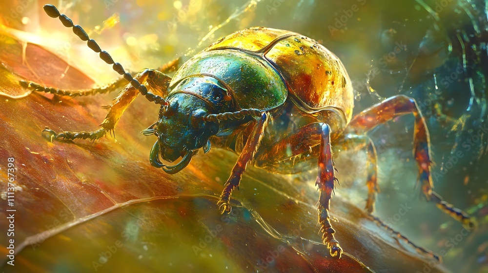 Naklejka premium Golden Beetle Resting On Autumn Leaf Surface