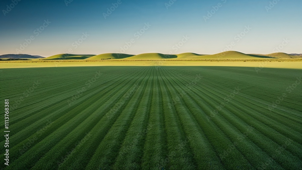 Obraz premium landscape photograph featuring a vast, open field of lush green grass in the foreground, extending towards the horizon.