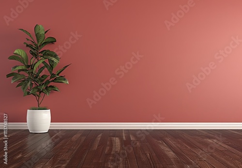 A single potted plant stands against a blank red wall with a hardwood floor